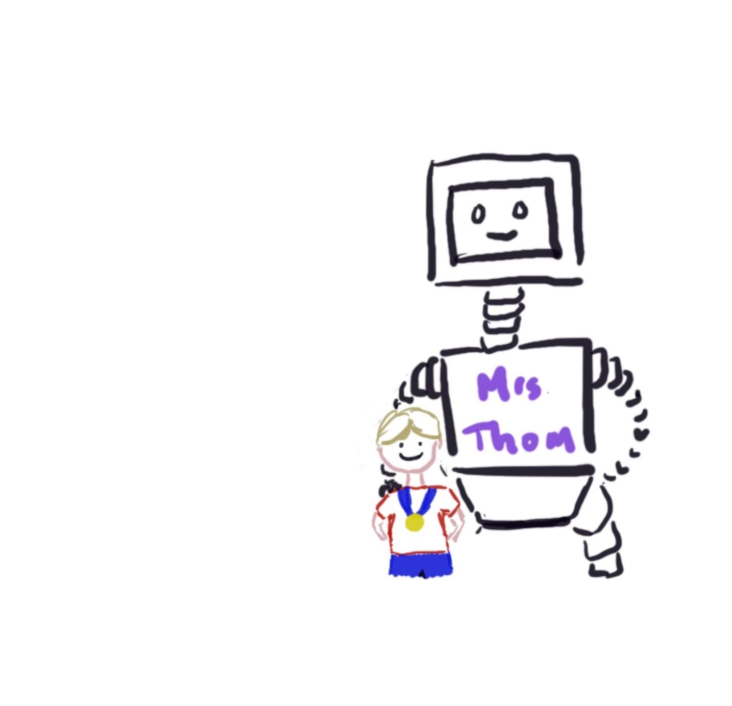 A boy wearing a medal with his teacher who is a robot