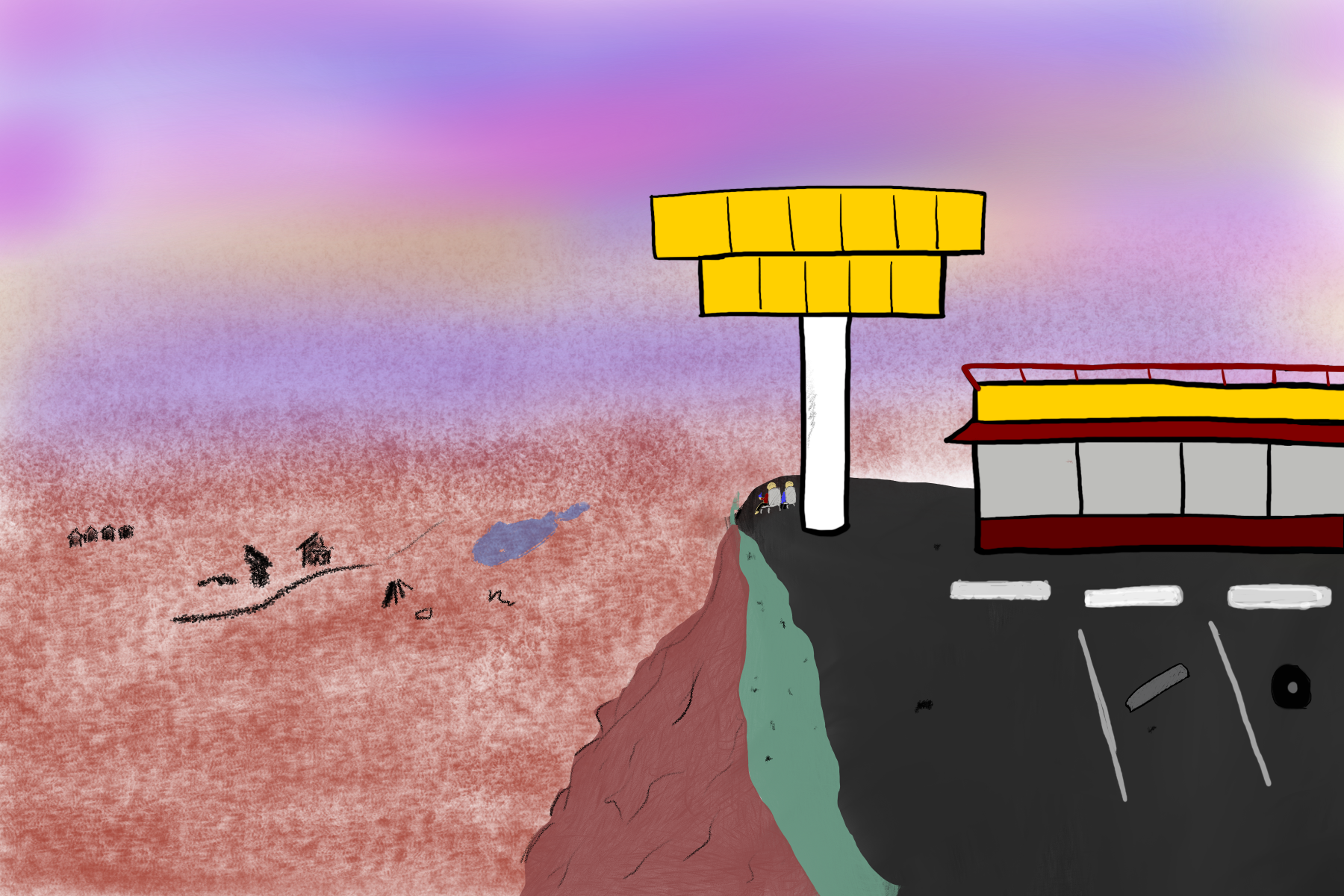 A restaurant sits at the edge of a cliff overlooking a burned out wasteland. Two people sit in beach chairs looking out at the wasteland and admiring the multicolored sunset.