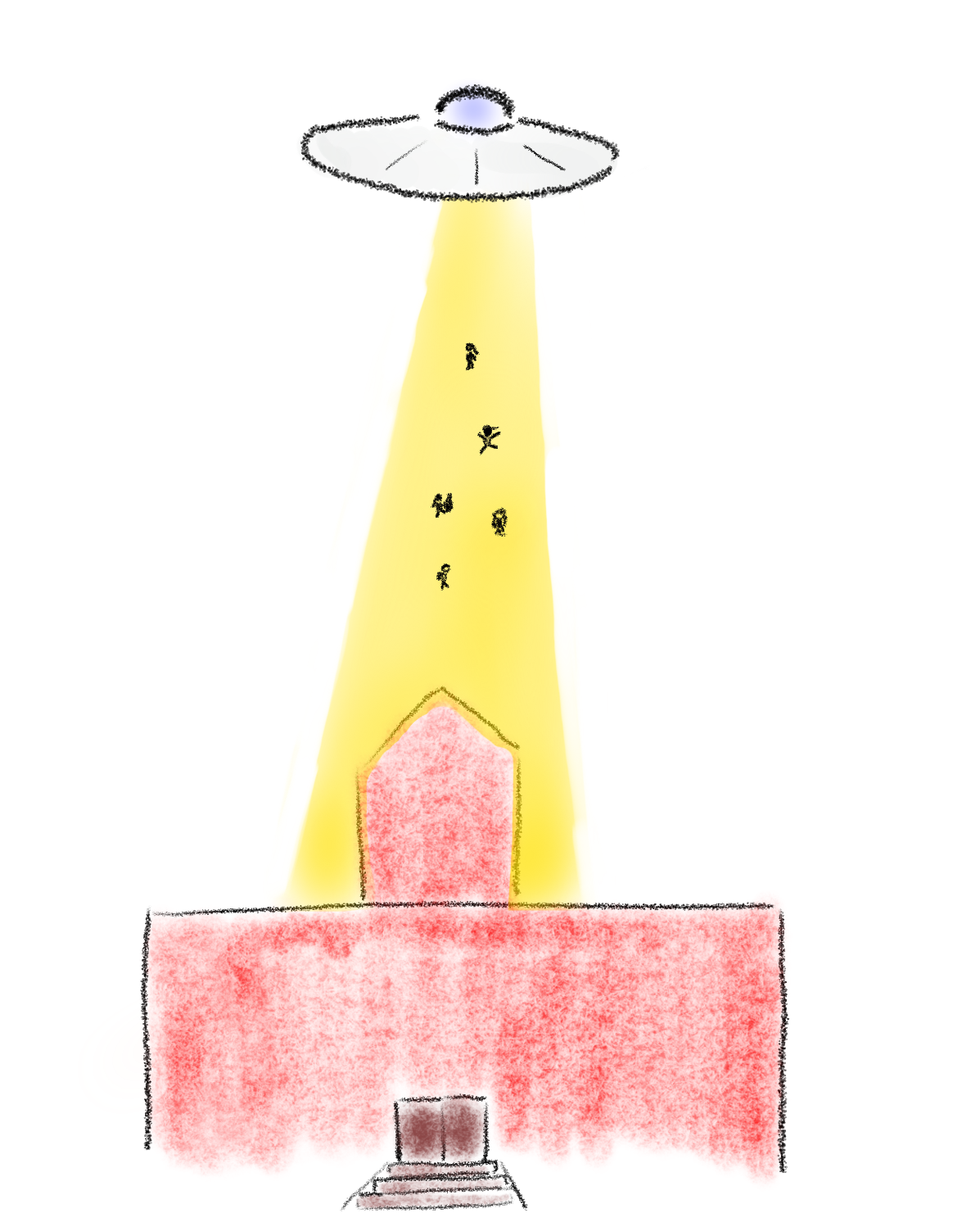 A large UFO hovers over a school, dropping off a variety of children via tractor beam.