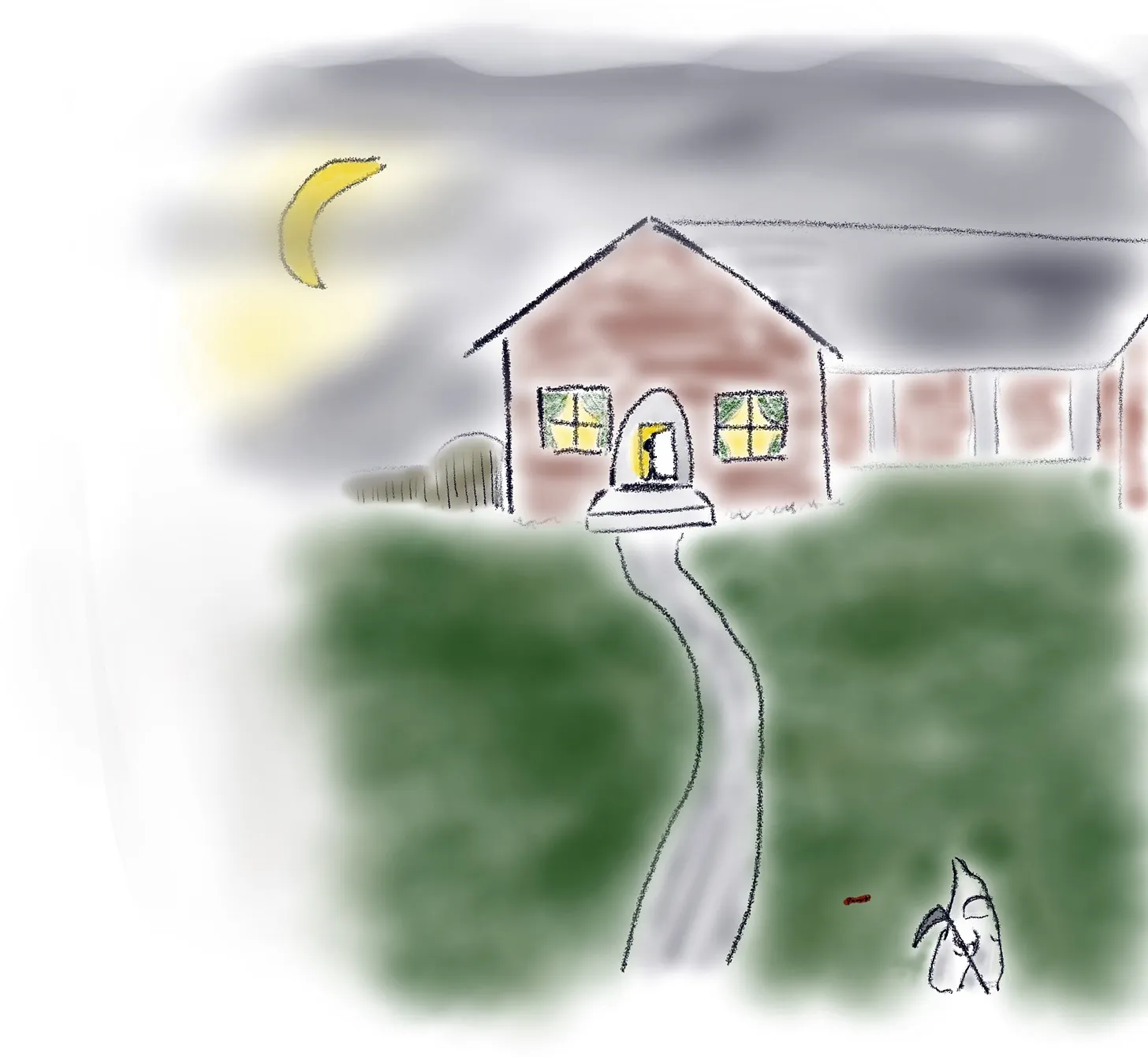 A little grim reaper with a white hood, walking away from a house in the dark.