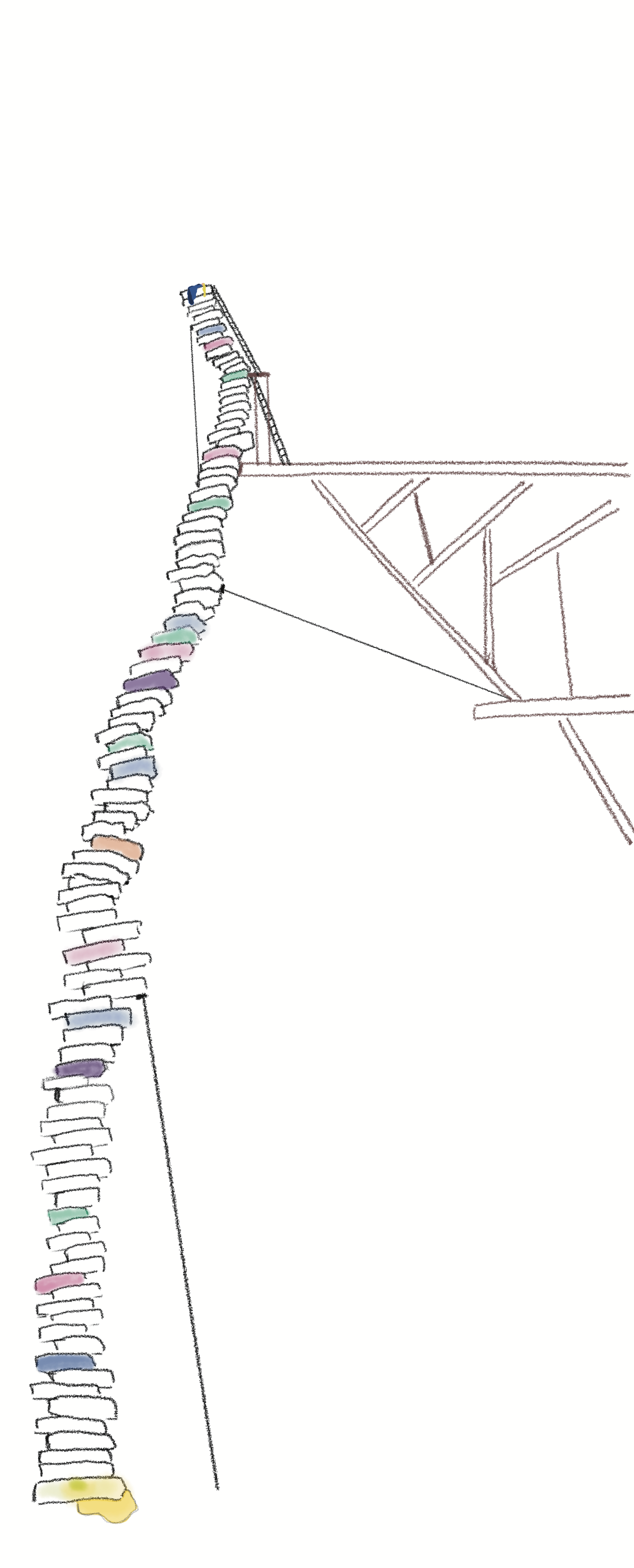 100 (exactly) stacked mattresses, a little unstable, held up by minimal scaffolding, with a platform and a ladder to get to the top. At the very top a woman is sleeping. At the bottom the mattress is yellowish with a little puddle at the bottom.