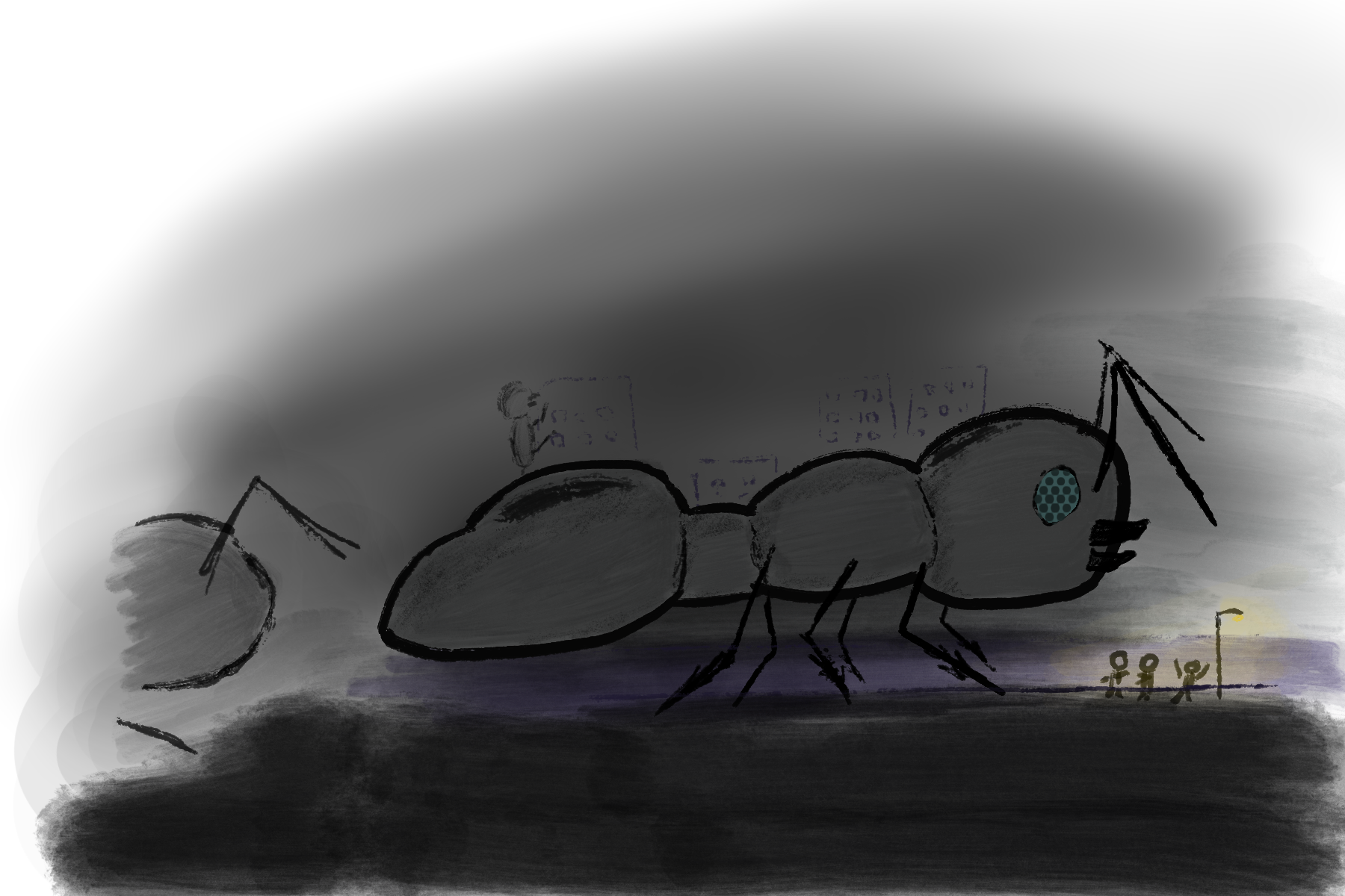 An ant towering over citizens as more ants climb over the city